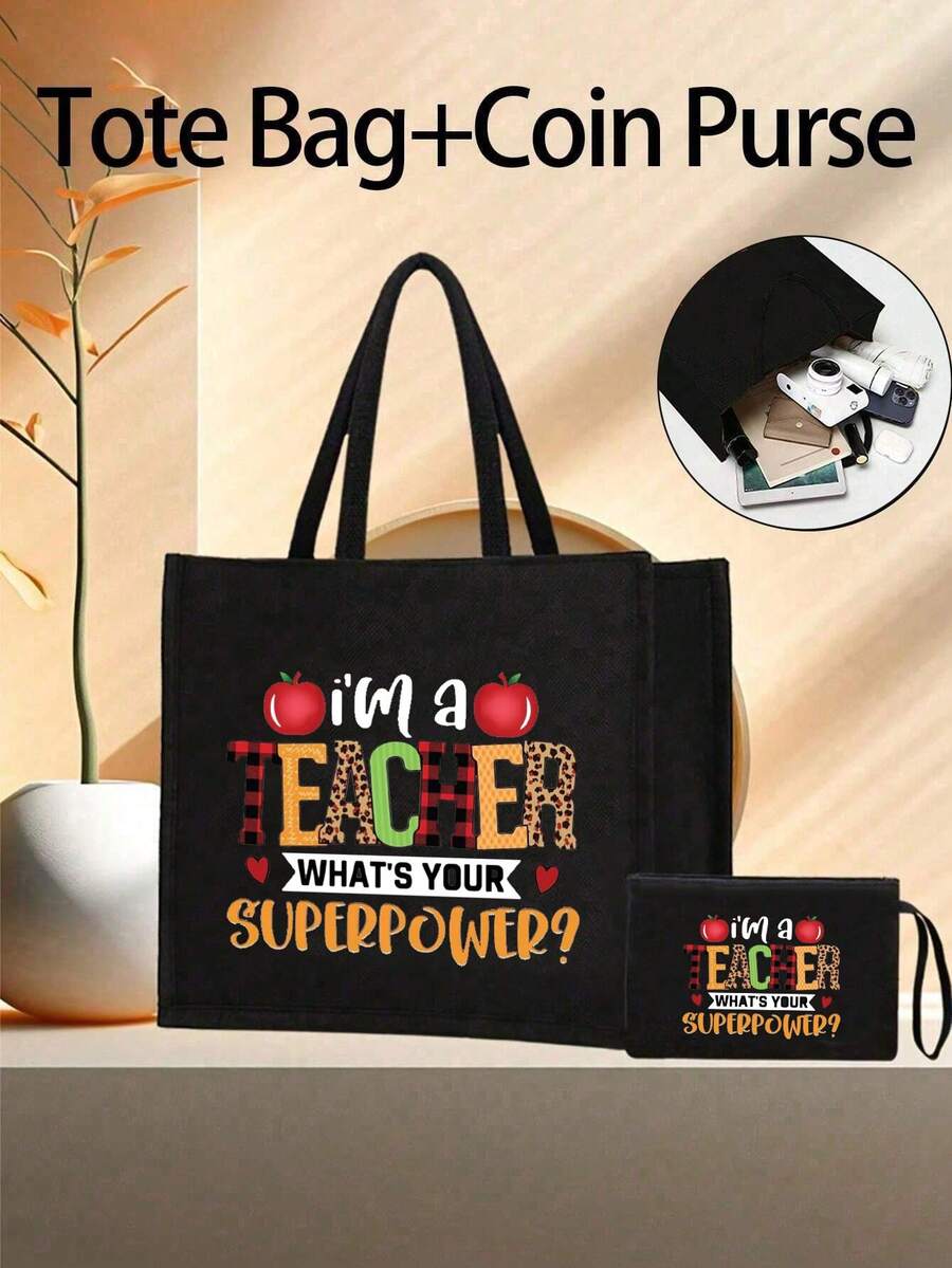 Teacher's Day Gift - Large Capacity Fashion Tote Bag, Printed With "Teacher Battery Life" Text, Comes With Cosmetic Bag And Lining, No Buckle, Suitable For Educators And School Staff - Black - View 1