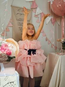 Young Girl Ruffle Bow Tulle Party Dress, Princess Cake Dress For Easter, Birthday, Wedding, Holiday Celebration, Flower Girl Occasion Outfit