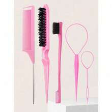 5Pcs Hair Styling Comb Set With Topsy Tail Tool, Teasing Bristle, Rat Comb For Women Women Hair Styling, Flyaways Control And Edge Combing - Pink - View 2