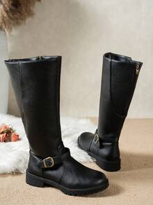 Fall/Winter 2025 Simple Fashion Women's Tall Boots, Non-Slip Comfortable Versatile Square Buckle Decor, British Style Plus Size Riding Boots - Black - View 7