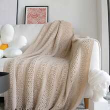 1pc Solid Color Bed Blanket, American Fringed Acrylic Rectangular Knitted Blanket For Office, Sofa, Nap - Khaki - View 6