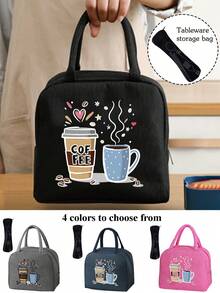 4-Cup Boba Tea Pattern Insulated Lunch Bag, Pink Heart & "True Love" Graphic Insulated Lunch Box With Black Utensil Pouch, Large Capacity Student Thermal Cooler Bag - Multicolor - View 15