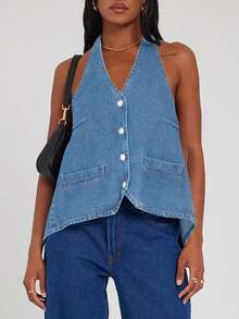 Womens Halter Denim Vest Tops Summer Open Back Y2K Going Out Tank Tops V Neck Button Down Jean Shirts - 淺藍色 - 查看 3