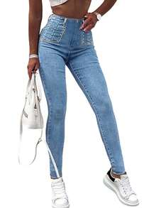 Calça jeans skinny feminina de cintura alta - adornada com miçangas, modelagem versátil para um look casual de primavera. - Azul - Ver 7