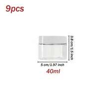 9 piezas de botellas de almacenamiento de plástico de 5 cm de diámetro con tapas, frascos de pintura, envases de crema/máscara, botellas de crema para ojos/crema facial, botellas de muestra transparentes de boca ancha de PET, botellas recargables para cosméticos