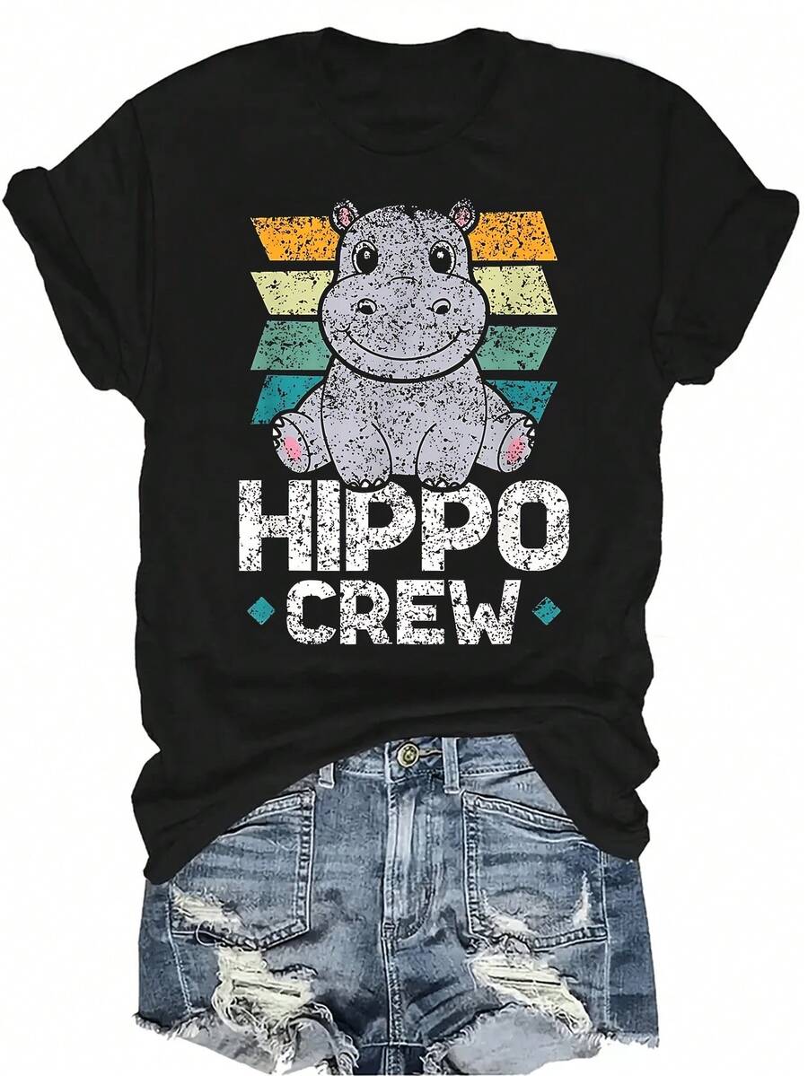 Camiseta de mujer y unisex con diseño de hipopótamo y frase linda, de manga corta, cuello redondo, transpirable y de uso casual, adecuada para adolescentes y adultos - Negro - Ver 1