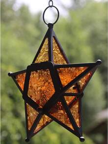 European Retro Style Color Windproof Glass Candle Holder, Pentagram Iron Hanging Embossed Glass Candle Holder ( Candles Not Included ), Holiday Atmosphere Atmosphere Home Decoration Pendant Glass Star Lantern Hanging Ornaments - Tea Light Lantern Window Hangings Living Room Patio Balcony Decoration Vintage
