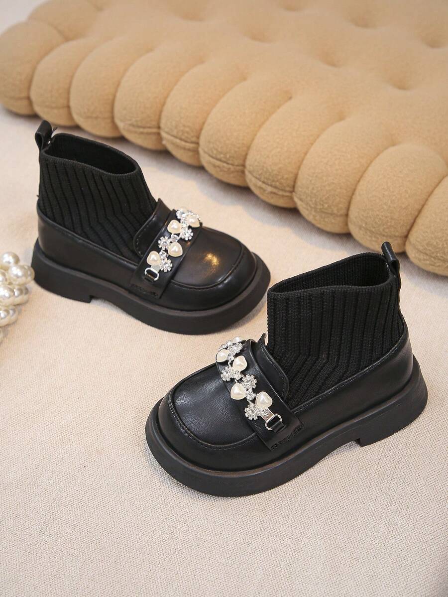 1 Pair Girls Pearl & Rhinestone Decor Knit Comfortable Flat Ankle Boots, Suitable For Daily & Outdoor Wear, Autumn/Winter - Black - View 1