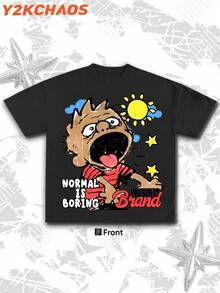 Y2k 180g Cotton Double Sided Printing,Plans Fun Pattern ,Creative Visual Impact Positioning Printing,Men's Summer Short Sleeved Pure Cotton Comfortable And Breathable Casual Outdoor Street Round Neck T-Shirt - màu đen - Xem 2