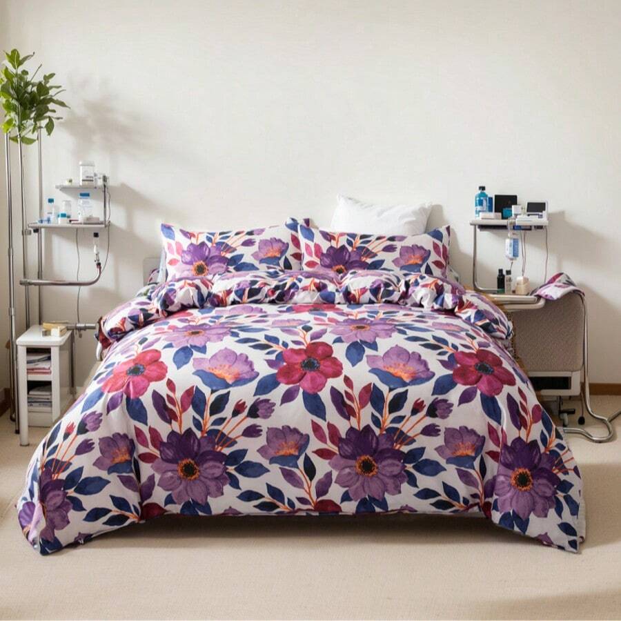 Purple Floral Duvet Cover Set Full/Queen Comforter Cover Set 90"X90"Duvet Cover With Zipper Closure And 1/2 Pillow Shams Microfiber Soft Lightweight 2/3pcs Garden Farmhouse Plant Flowers Bedding Set