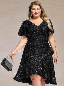 Abiti da sera eleganti con paillettes, scollo a V, maniche a volant e orlo asimmetrico, adatti per feste, matrimoni autunnali e occasioni speciali, disponibili in taglie comode - nero - Visualizzare 5