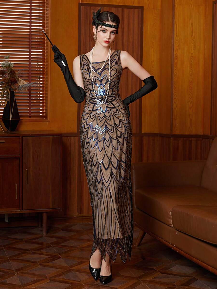 Vestido largo elegante y lujoso de los años 20 para mujer de talla grande con lentejuelas brillantes y cuentas, sin mangas, para fiesta, boda, Navidad, Halloween