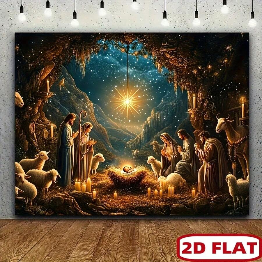 2D Flat, 2D Flat Christmas Flag - Multi Functional Indoor And Outdoor Holiday Decoration, Holy Home Photo Background, With Starry Sky, Candles And Sheep, Polyester Material, Suitable For Photography And Party Supplies, Christmas Decorations - Multicolor - View 1