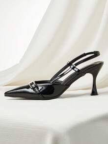 女士优雅黑色尖头坡跟高跟凉鞋，闭趾礼服鞋，适合夏季、圣诞节和冬季作为圣诞礼物 - 黑色 - 查看 2