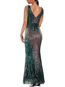 Women's Sequin Formal Evening Tassel Bead Sleeve Long Maxi Party Dress, Retro Glam Style RRV9 - Màu xanh lá cây rực rỡ - Xem 5