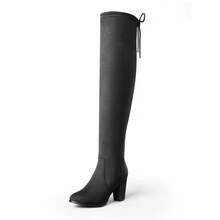 Women Black Long Boot Chunky Heel Soft Faux Fur Over The Knee High Boots Elastic Suede Leather Sock Boots For Autumn Winter Wearing - 黑色 - 查看 3
