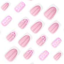 Square Press On Nails Medium Fake Nails White French Tip False Nails With Flower Heart Design Glue On Nails Pink Acrylic Nails Glossy Full Cover Stick On Nails For Women Manicure 24Pcs - 白色尖端 - 查看 2