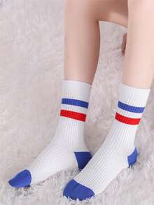 1/3Pairs Unisex Solid Plain Blue/Red Striped Socks Wicking And Suitable Leisure Anklet Crew Socks, Cozy Socks