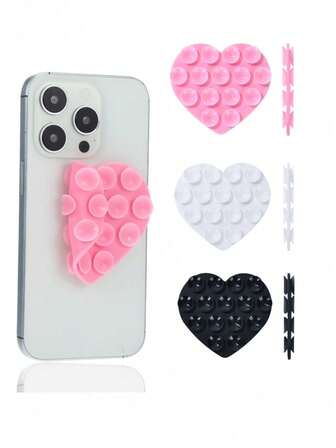 3pcs Silicone Suction Cup Phone Case Mount Double Sided, NO Adhesive Mount, Heart/Love Style Sticky Phone Grip With Higher Suction Power For Cell Phone, No Need To Fix With Stickers,Hands-Free Phone Accessories Holder For Selfies And Videos