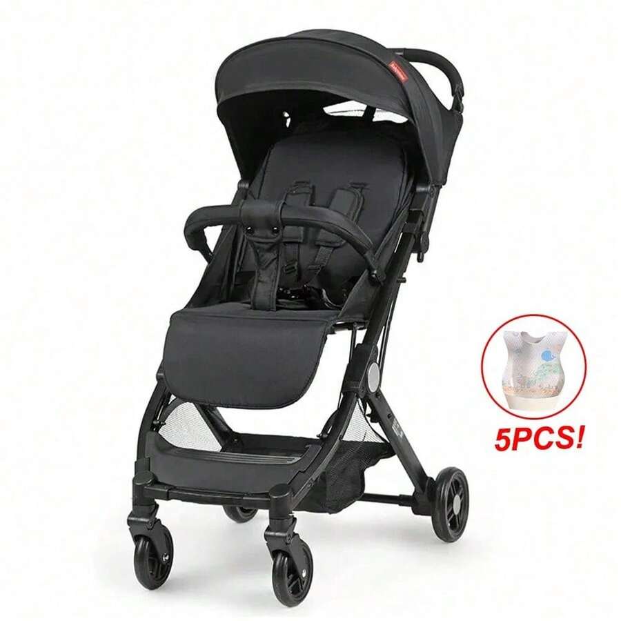 Portable Baby Stroller One-Hand Folding Pushchair W/Adjustable Backrest - Black - View 1