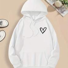 Romwe Embroidered Heart-Shaped Sweatshirt, Casual Geometric Printed Sweatshirt, Long-Sleeved Hooded Pullover For Men And Women, Soft And Light Stretch Polyester, All-Season Beach Sweatshirt With Pockets - A Gift For Men/Girlfriends! - White - View 2