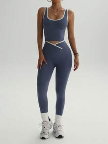 UONNOU Conjunto deportivo de 2 piezas de top de tirantes y leggings para mujer con efecto levantador de glúteos en forma de melocotón, control de cintura, tela suave y cómoda, adecuado para deportes como tenis, golf, bádminton, deportes de pelota, yoga, pilates, ejercicio ligero, gimnasio, correr, ocio al aire libre, transporte diario, trabajo, compras, deportes y ocio. Conjunto deportivo sin costuras de moda para todas las estaciones.