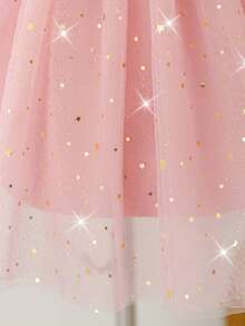 Young Girls' Faux Pearl Shoulder Sequin Mesh Bow Back Elegant Dress, Suitable For Flower Girl, Birthday Party, No Headband Included