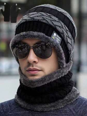 Set de 3 piezas de gorro, bufanda y guantes, de unicolor, con forro térmico, cálido para uso al aire libre, para uso casual en otoño/invierno, conjunto de accesorios de moda para regalo de invierno