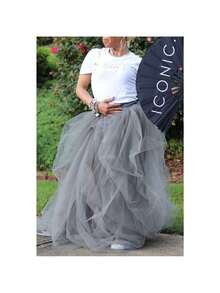Women's Tulle Maxi Skirt Vestidos De Fiesta Elegantes Floor Length Layered Elastic High Waist Split Skirt A-Line Puffy Lace Mesh Tutu Skirt - 灰色 - 查看 2