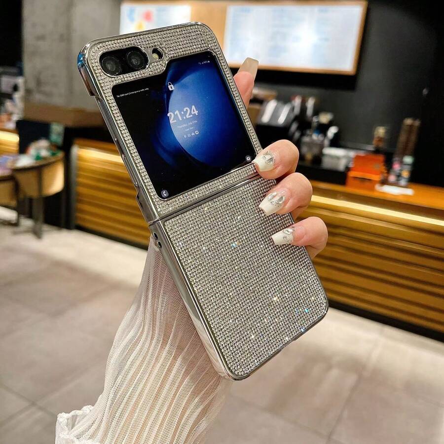 全新奢华闪亮银色折叠手机壳，兼容三星 Galaxy Z Flip3 5G/Galaxy Z Flip 4 5G/Galaxy Z Flip 5 5G/Galaxy Z Flip 6 5G/Galaxy Z Flip 7 5G，设计优雅 - 銀色 - 查看 1