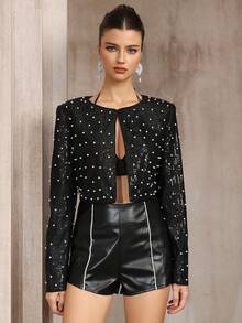 Women's Elegant Sequin Faux Pearls Short Crew Neck Jacket, Fashionable Versatile For Ladies, Suitable For Parties, Evenings And Special Occasions, Spring & Autumn - Black - View 1