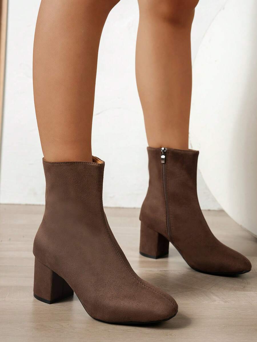 Teens' Solid Color Series Round Toe Side Zipper Design Plus Size Mid-Calf Boots, 2025 Autumn/Winter New Fashion Versatile Brown Chunky Heel Ankle Boots, Comfortable Single-Lined Boots Suitable For Campus And Outdoor Wear - Brown - View 1