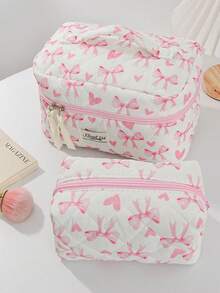 1Pc/Set Pink Heart & Bowknot Wash And Cosmetic Bag Set,Girls Sweet Large Capacity Multifunctional Storage Bag Clutch Makeup Bag Makeup Pouch Pencil Case With Zipper Closure For Skin Care,Cosmetics,Lip Oil,Sunscreen Cream,Hand Cream,Headset,Coin,Stationery,Sanitary Towel,Tampon,Small Items,Dorm Essentials Travel Essentials,Mom's Gift,Teacher's Gift,Gift For Bestie - Multicolor - View 7