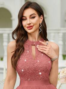 MIUSOL Sequin Floral Lace Halter Neck Ruffle Layered Hem Mesh Prom Party Swing Dress,Summer Dress,Wedding Guest Dress,For Graduation,Homecoming - Dusty Pink - View 8