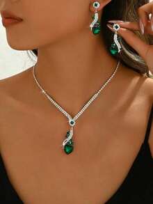 3pcs/Set Women's Wedding Jewelry Set – Heart Shaped Necklace And Earrings, Elegant Bridal Accessories Perfect For Weddings, Thanksgiving, Special Occasions, And Gifts – Stylish And Sparkling Jewelry Suit For Brides And Bridesmaids - màu xanh lá - Xem 5