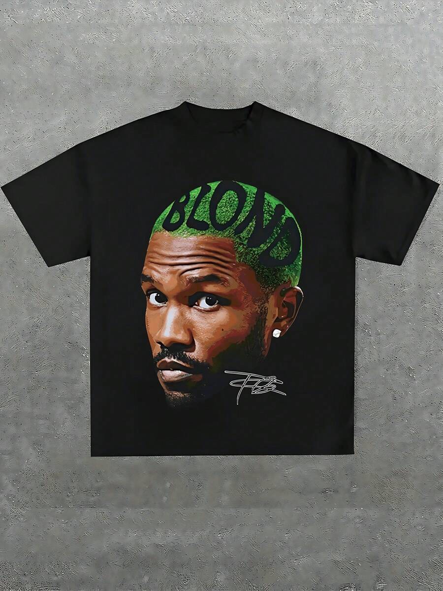 Blond Portrait Graphic T-Shirt,Comfortable Casual Short Sleeve, 220 Grams Heavyweight Cotton Printed T-Shirt - 黑色 - 查看 1