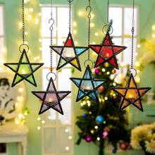 European Retro Style Color Windproof Glass Candle Holder, Pentagram Iron Hanging Embossed Glass Candle Holder ( Candles Not Included ), Holiday Atmosphere Atmosphere Home Decoration Pendant Glass Star Lantern Hanging Ornaments - Tea Light Lantern Window Hangings Living Room Patio Balcony Decoration Vintage
