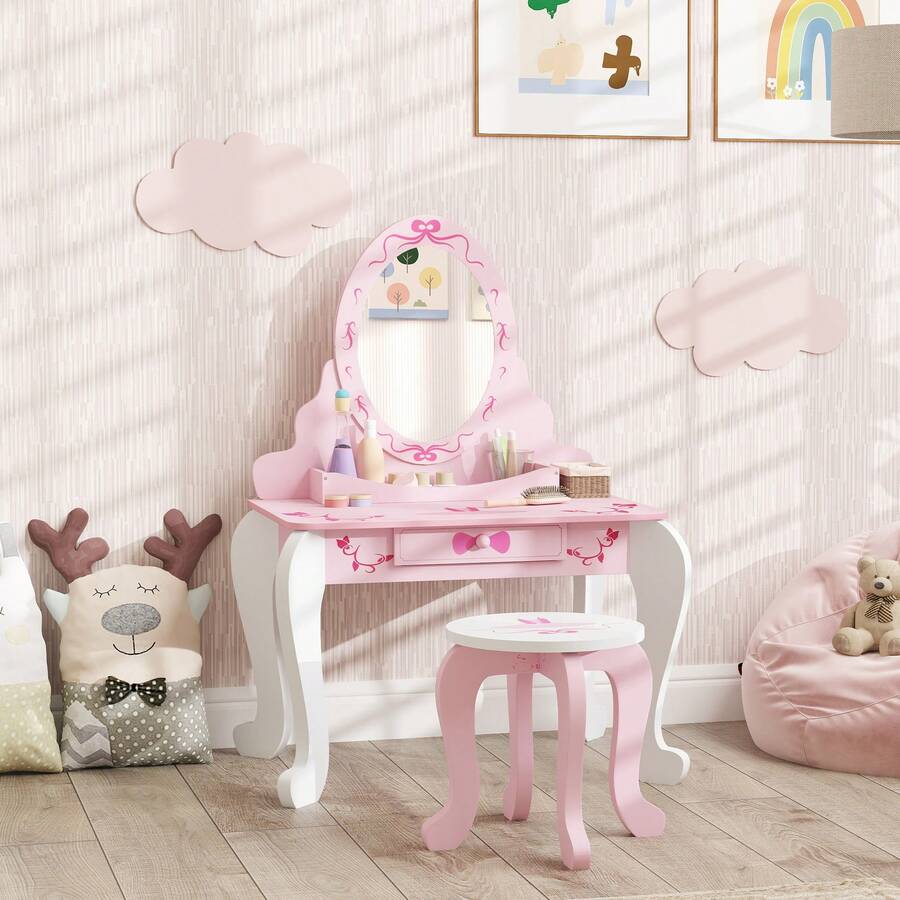 AIYAPLAY Kids Dressing Table Set, Two-Piece Kids Vanity Table With Stool, Mirror, Drawer, Desktop Storage, Ballet Theme, Girls Makeup Desk, Chair, Pink - Pink - View 1