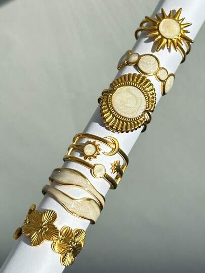 ROMWE Fairycore 6 st/set Vintage Lyxig Mångsidig Elegant Unik Guld Solros, Stjärna, Blomma, Geometrisk Harts Damring Set, Högtidssmycken