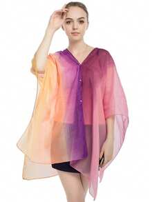 Poncho de unicolor elegante con degradado, capa ligera de mujer de gasa y perlas, chal decorativo versátil de moda para mujer para la playa, protección solar, viajes y uso diario