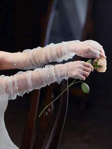 1 Pair Handmade Pearl & Rhinestone Mesh Bridal Gloves, Long Sleeve Wedding Party Dress Accessories Fall Clothes For Women