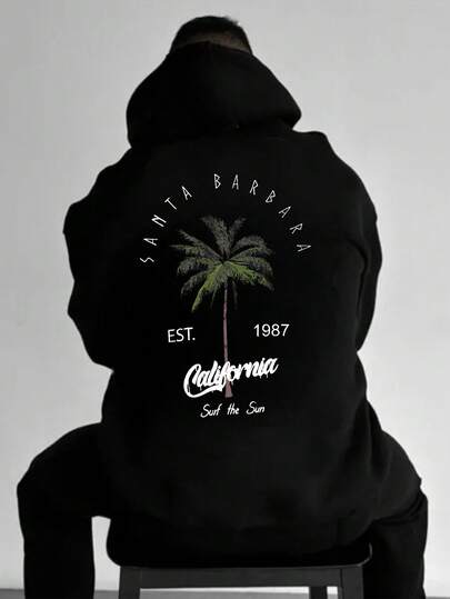 بلوزة هوديي كاجوال بطبعة أشجار جوز الهند مع جيب وسحاب، طراز الشارع العصري، عودة إلى المدرسة، خريف/شتاء