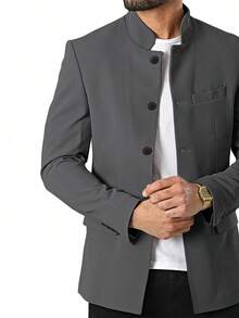 Mens Casual Suit Blazer Jackets Stand Mandarin Collar Lightweight Lined Sport Coats Business Coats - Xám - Xem 3