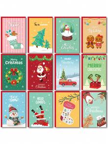 12 Sets, Weihnachtsgrußkarten Set, Cartoon Weihnachtsbaum Weihnachtsmann, Schneeflocke Postkarte Weihnachtssegengrußkarte, Partyeinladung, handgeschriebene Segengrußkarte - Verschiedenfarbig - Übersicht 4