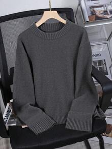Women's Loose Fit Gray Round Neck Pullover Sweater, Casual For Autumn