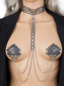 1 miếng dán ngực đính đá lấp lánh dành cho nữ, kiểu vòng cổ choker gợi cảm, dây đeo thân bằng silicon tự dính, có thể tái sử dụng, dùng cho các buổi tiệc rave. - Nhiều màu - Xem 9