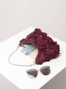 优雅玫瑰花朵图案单肩包、花卉包、新娘派对包、舞会包、舞会配饰、高档风格手提包、婚礼用品、优雅女士包（图案随机） - 酒紅色 - 查看 6