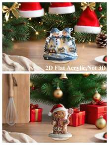 Decorațiune acrilică rotativă 2D plată, 1 buc., turtă dulce de Crăciun purtând o pălărie de Moș Crăciun, modele de case și oameni de zăpadă acoperite de zăpadă, potrivită pentru Crăciun, Anul Nou - Ornamente calde pentru decorarea casei de iarnă - Multicolor - Vizualizare 12