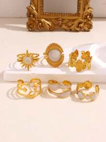 ROMWE Fairycore 6 件套复古奢华百搭优雅独特金色向日葵、星星、花朵、几何树脂女士戒指套装、节日珠宝 - 彩色 - 查看 4