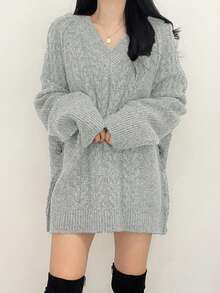 Solid Color Cable Knit Pullover Sweater, Versatile Knitted Top For Autumn/Winter - Grey - View 3